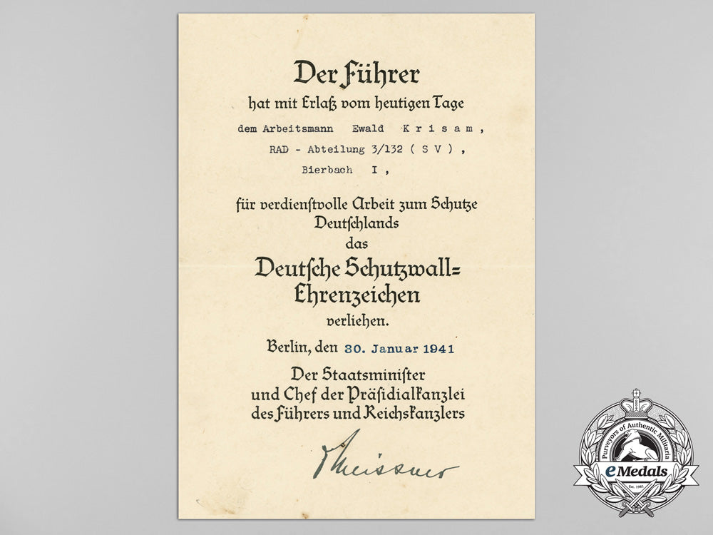 an_award_document_for_a_west_wall_medal_to_ewald_krisam;_rad_abteilung3/132_d_0007_2