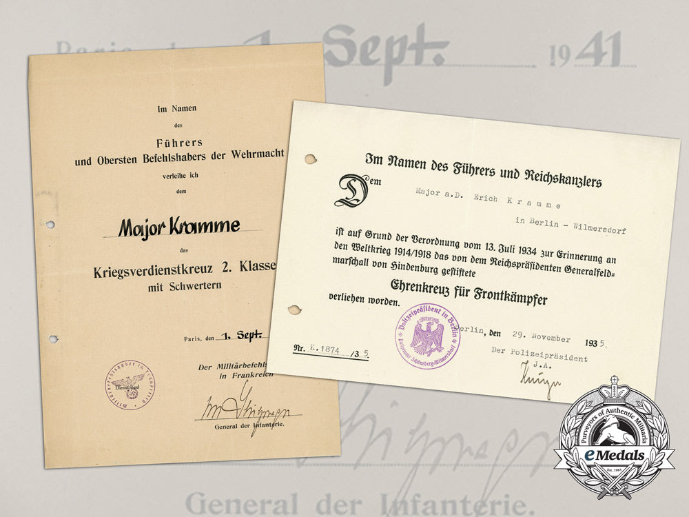 two_award_documents_to_major_kramme;_signed_by_general_der_infanterie_von_stülpnagel_d_0015_1