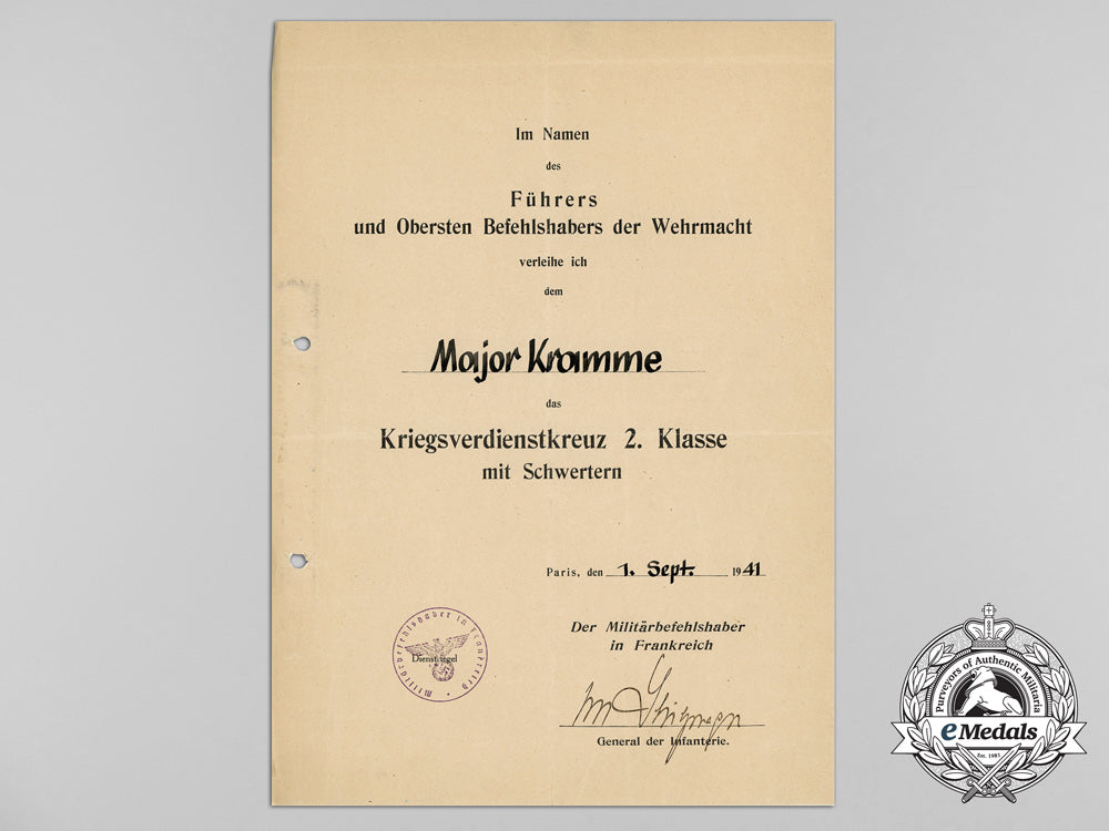 two_award_documents_to_major_kramme;_signed_by_general_der_infanterie_von_stülpnagel_d_0018_2