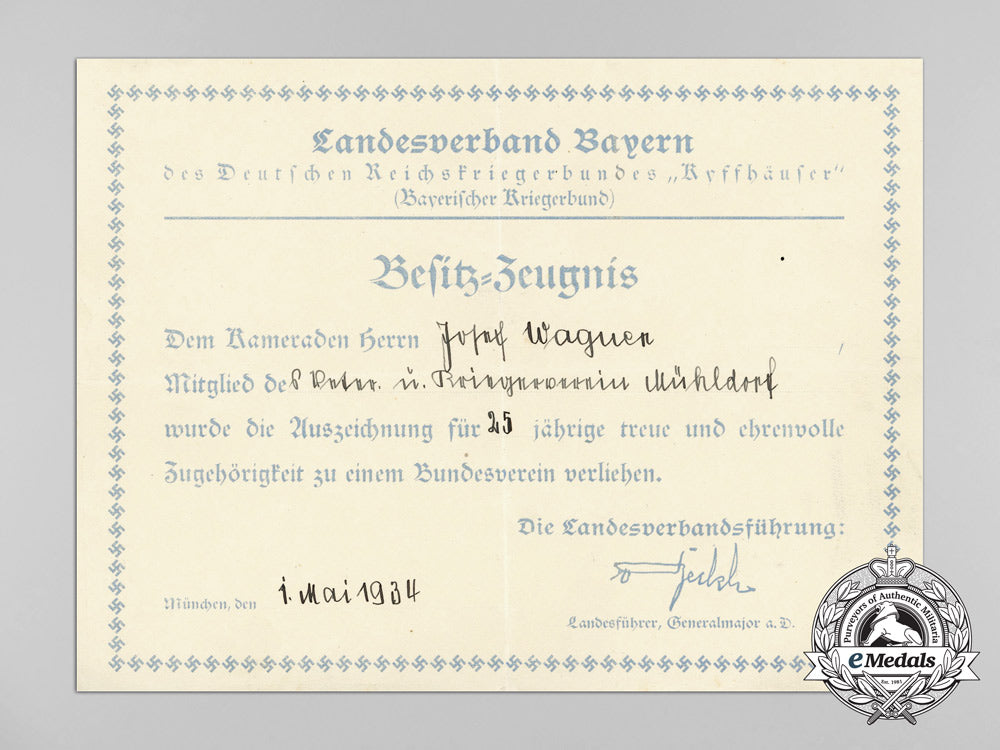 an_award_document_for25_years_of_membership_of_the_kyffäuser_veteran’s_association_of_mühldorf_d_0152_1