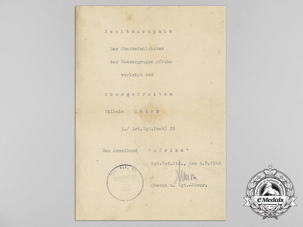 an_afrika_korps_award_document_grouping_to_the_motorized_artillery_d_1337_1