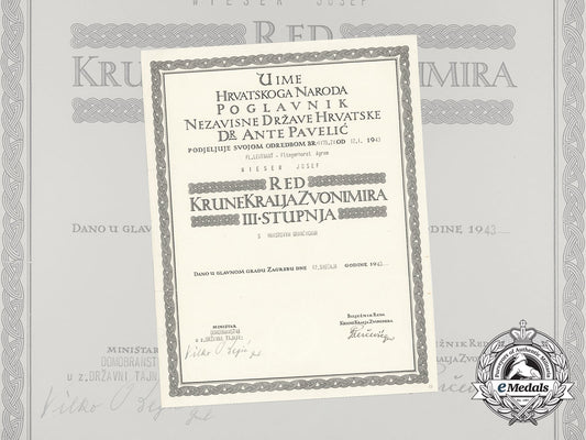 a_formal_croatian_document_for_the_award_of_the_king_zvonimir_order;_leutnant_josef_weiser,_fliegerhorst_agram_d_1581_1