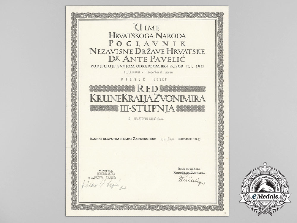 a_formal_croatian_document_for_the_award_of_the_king_zvonimir_order;_leutnant_josef_weiser,_fliegerhorst_agram_d_1582_1
