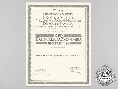 a_formal_croatian_document_for_the_award_of_the_king_zvonimir_order;_leutnant_josef_weiser,_fliegerhorst_agram_d_1582_1