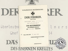 A Knight’s Cross Of The Iron Cross Award Document Presented To Sr. Lt. Lieutenant Gustav Ellmers