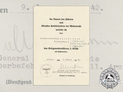 A 1942 War Merit Cross Award Document To Ss-Untersturmführer Keck Kia