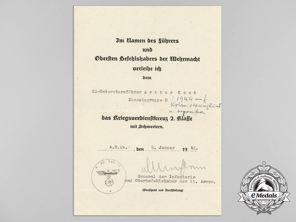 a1942_war_merit_cross_award_document_to_ss-_untersturmführer_keck_kia_d_6381