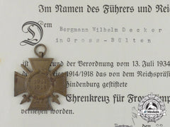 An Award Of Honour Cross & Document To Wilhelm Decker