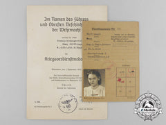 A Duty Pass & War Merit Cross Award Document To Emmy Wölflinger; Switchboard Operator