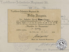 A 1918 Award Document For A Wound Badge; Landsturm Infantry Regiment 36