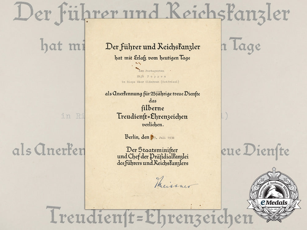an_award_certificate_for_faithful_service_medal_in_silver,_hajo_poppen_d_9213