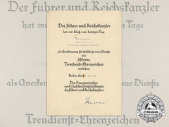 An Award Certificate For Faithful Service Medal In Silver, Hajo Poppen