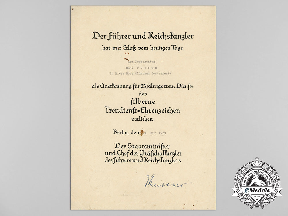 an_award_certificate_for_faithful_service_medal_in_silver,_hajo_poppen_d_9214