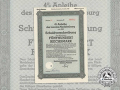 A 1942 Mecklenburg State Debenture Bond For 500 Reichsmark