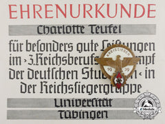 A Kreissieger Badge With Matching Honourary Award Certificate Presented To Charlotte Teufel