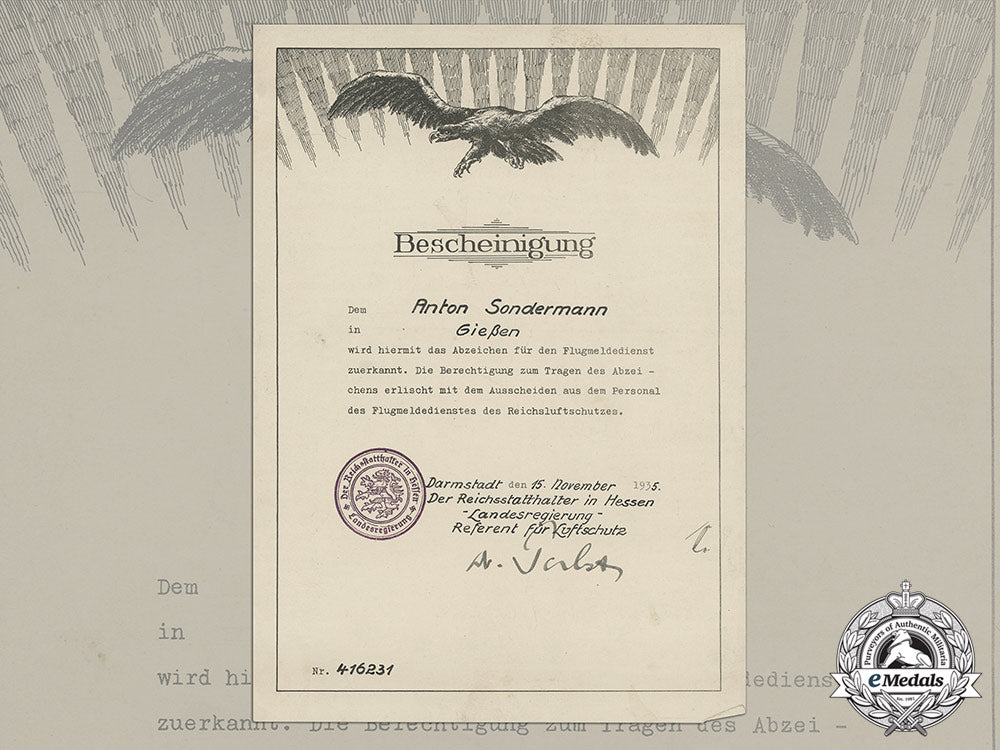 a1935_aircraft_reporting_service_badge_award_document_dd_1351