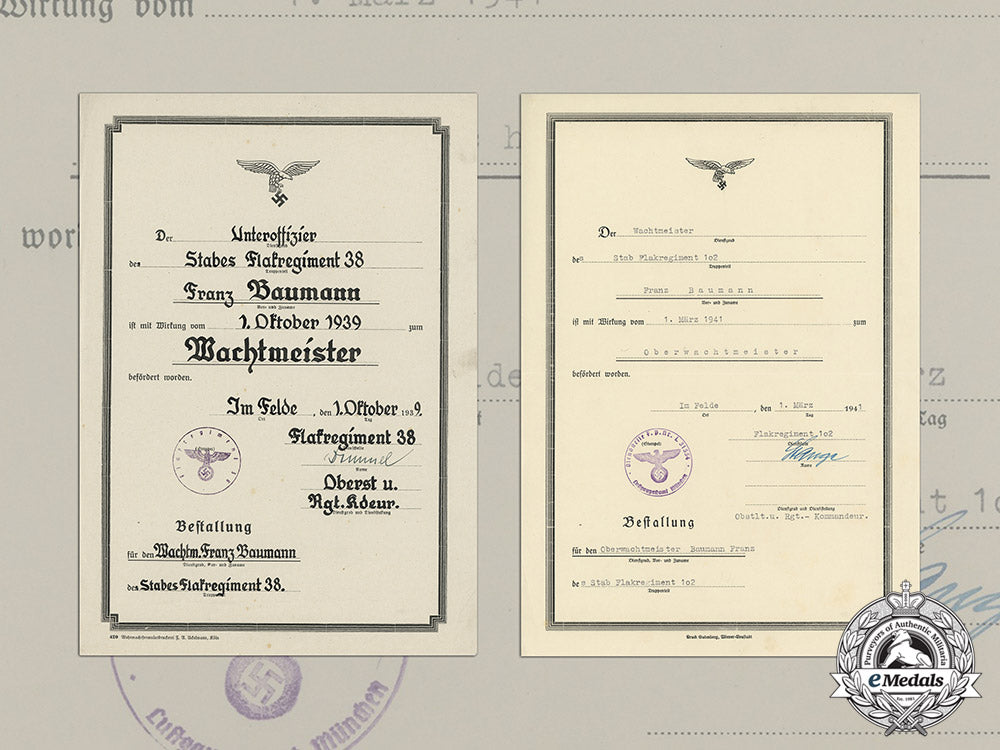 two_promotion_certificates_to_flak_oberwachtmeister_franz_baumann_dd_1382