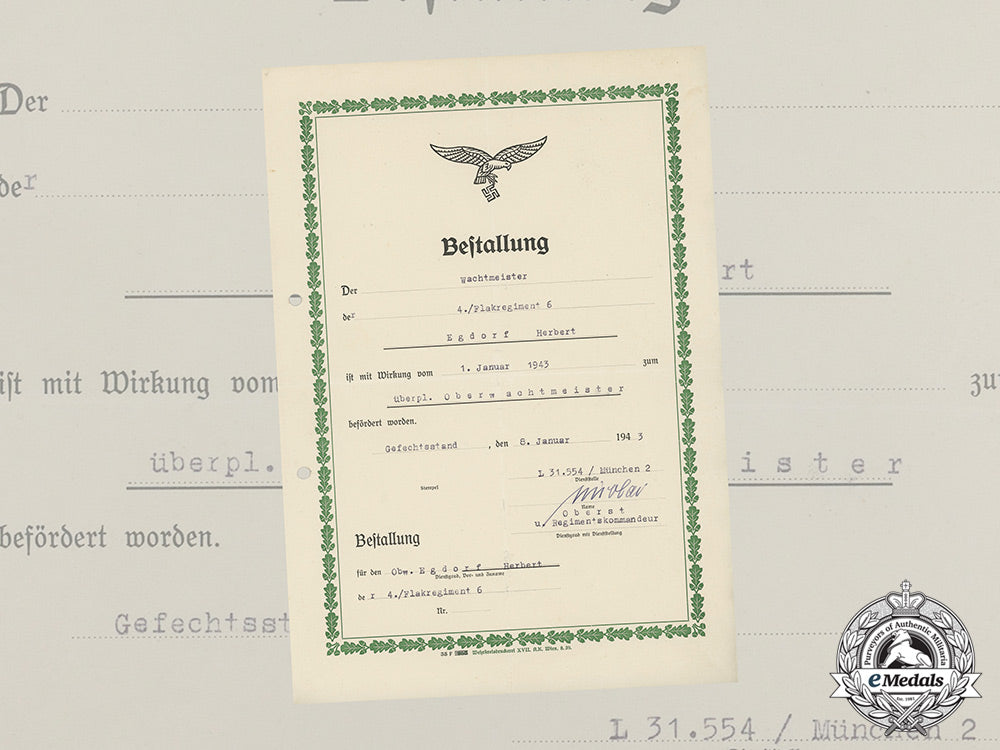 a_promotion_document_to_flak_oberwachtmeister_egdorf,4_th_battery_of_flak_regiment6_dd_1698