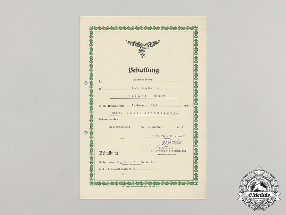 a_promotion_document_to_flak_oberwachtmeister_egdorf,4_th_battery_of_flak_regiment6_dd_1699