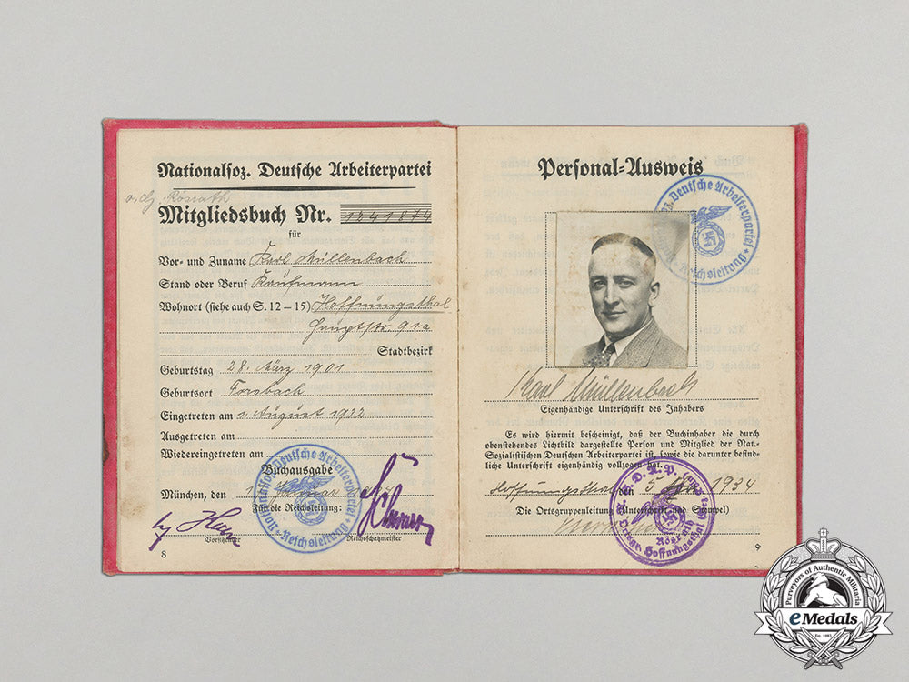 a1934_nsdap_membership_id_booklet_to_karl_müllenbach_dd_1966
