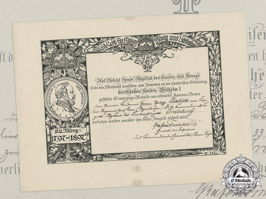 an1897_emperor_wilhelm_centenary_award_document_to_first_lieutenant_bachfeld_dd_4298