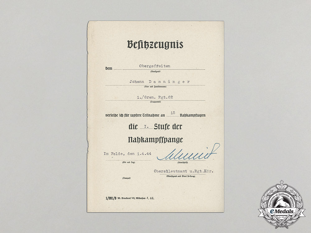 an_award_document_for_a_bronze_grade_close_combat_clasp_to_obergefreiter_johann_danninger_dd_4682