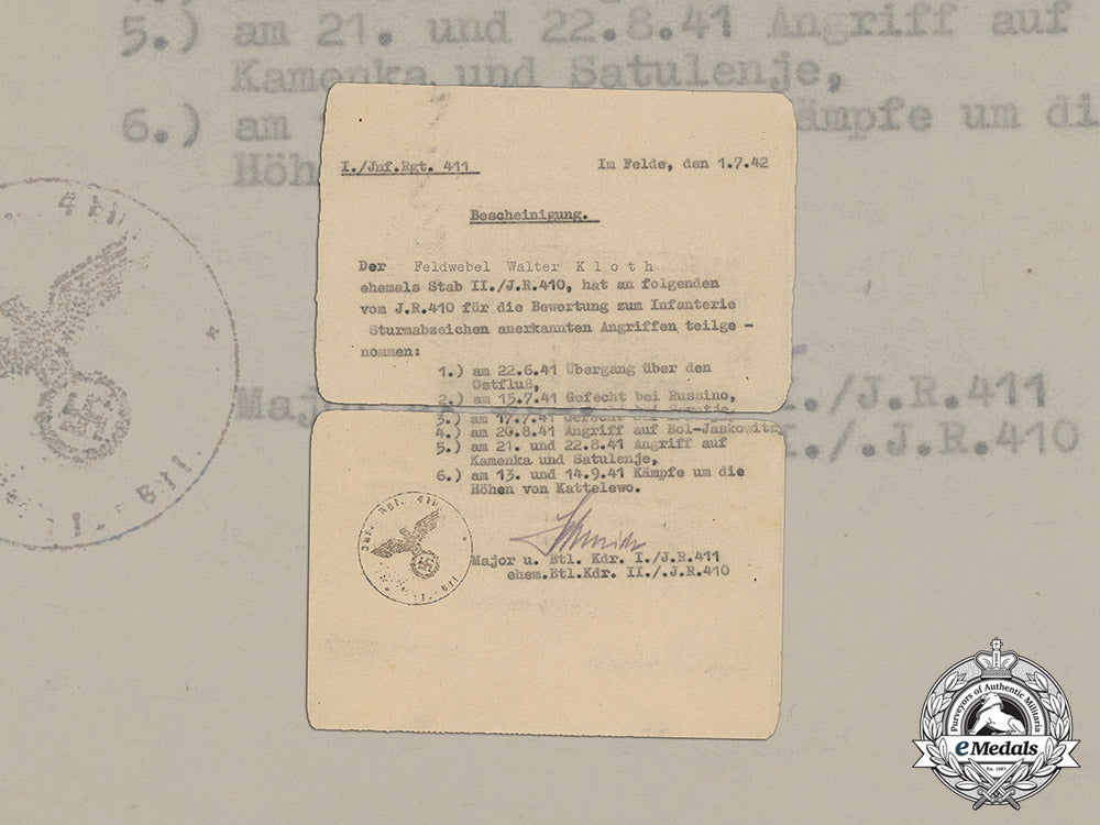 croatia._a_record_of_attacks_counting_towards_the_infantry_assault_badge_to_feldwebel_kloth,_c.1942_dd_6208_1