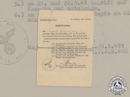 croatia._a_record_of_attacks_counting_towards_the_infantry_assault_badge_to_feldwebel_kloth,_c.1942_dd_6208_1