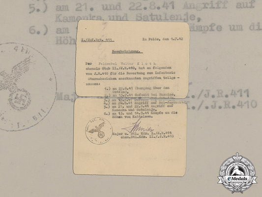 croatia._a_record_of_attacks_counting_towards_the_infantry_assault_badge_to_feldwebel_kloth,_c.1942_dd_6208_1