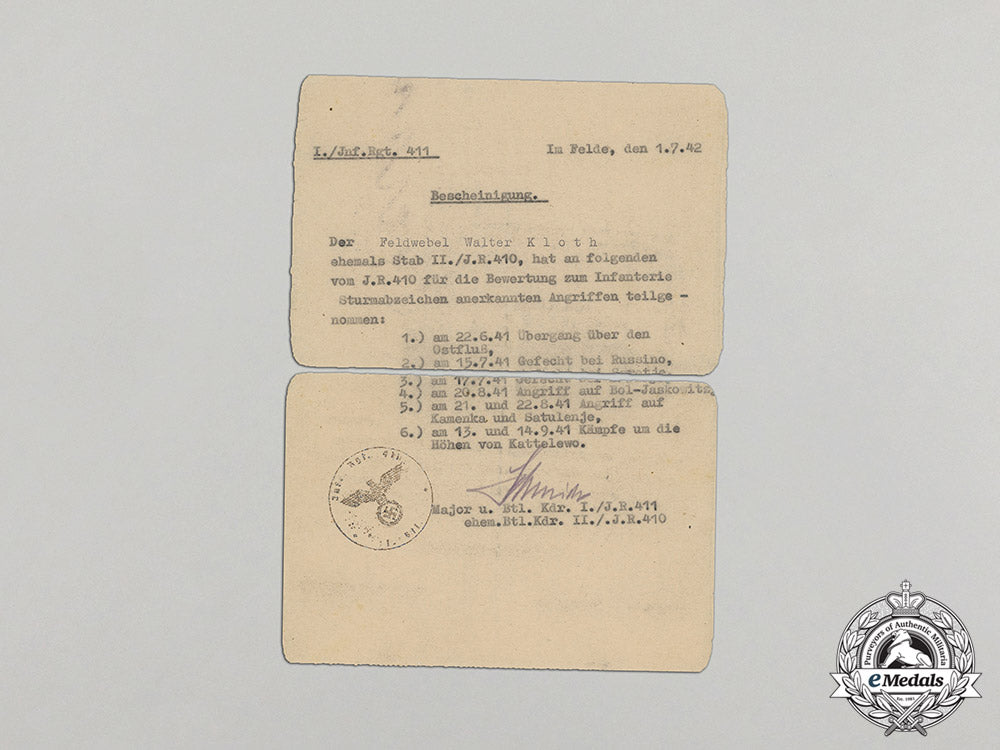 croatia._a_record_of_attacks_counting_towards_the_infantry_assault_badge_to_feldwebel_kloth,_c.1942_dd_6209_1
