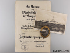 Destroyer War Badge With Documents To Mtr. V.helmut Of The Destroyer Beitzen