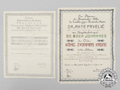 A Croatian King Zvonimir Award Document To A Kriegsmarine Officer