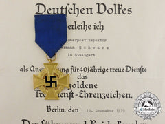 A Faithful Service Medal In Gold & Award Document For Hermann Schwarz