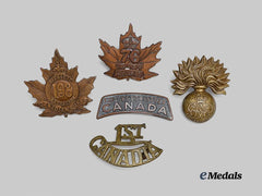 Canada, CEF. A Lot of Five First War Cap Badges and Shoulder Titles