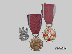 Poland, Republic. Two Crosses of Merit, I and III Class and an Army Eagle Cap Badge
