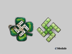 Germany, Third Reich. A Pair of Patriotic Swastika Badges in Silver, British Export Examples