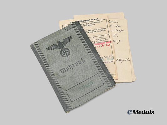 germany,_luftwaffe._a_wehrpaß_to_kurt_scholz,_k_i_a_over_france,_with_pilot’s_badge_award_document_e_medals__g61618_2