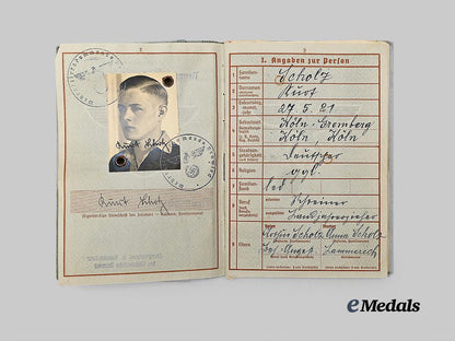germany,_luftwaffe._a_wehrpaß_to_kurt_scholz,_k_i_a_over_france,_with_pilot’s_badge_award_document_e_medals__g61618_5