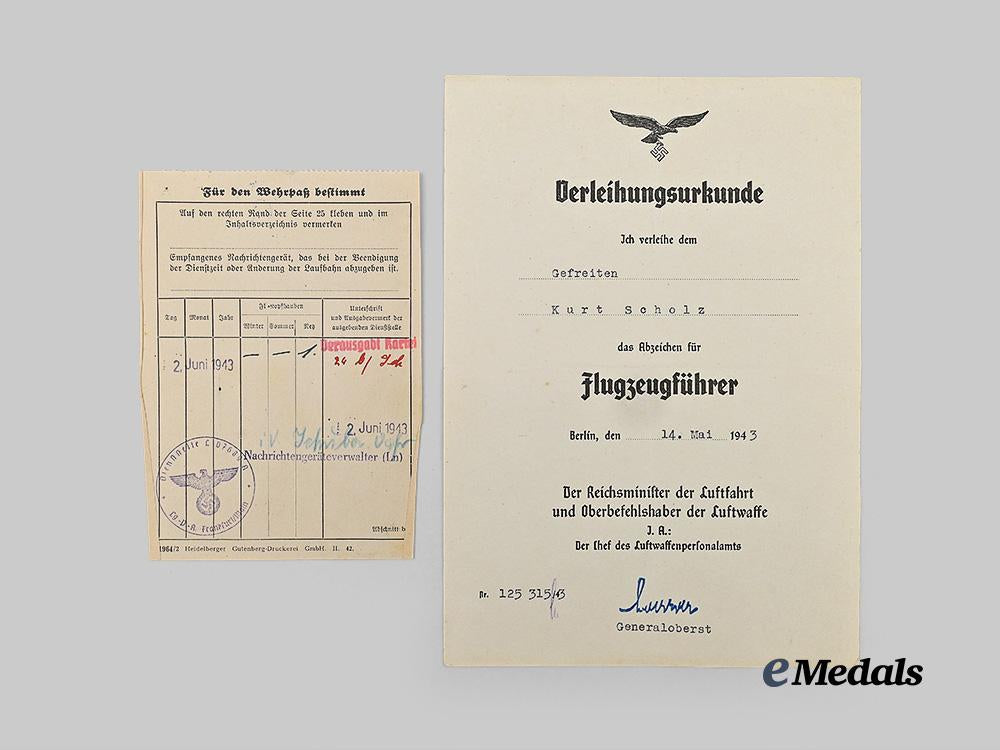 germany,_luftwaffe._a_wehrpaß_to_kurt_scholz,_k_i_a_over_france,_with_pilot’s_badge_award_document_e_medals__g61618_9