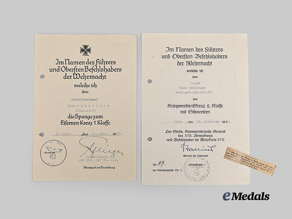 germany,_heer._a_pair_of_award_documents_to_oberst_hans_messinger,_german_cross_in_gold_recipient_e_medals__g62338_2