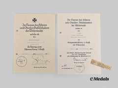 Germany, Heer. A Pair of Award Documents to Oberst Hans Messinger, German Cross in Gold Recipient