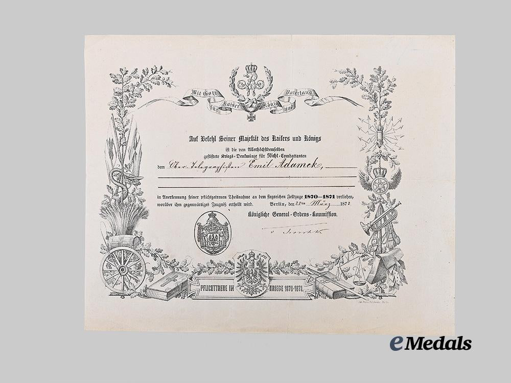 germany,_imperial._a_pair_of_war_commemorative_medals_of1870/71,_combatant_and_non-_combatant,_with_award_documents_e_medals__g63518_3