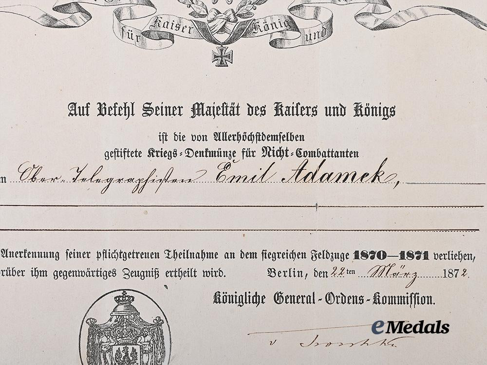 germany,_imperial._a_pair_of_war_commemorative_medals_of1870/71,_combatant_and_non-_combatant,_with_award_documents_e_medals__g63518_4