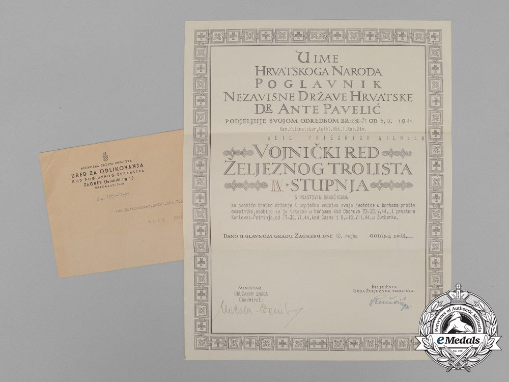croatia,_state._a_military_order_of_trefoil_award_document_to_kav._riettmeister;_kosak_division_e_0183