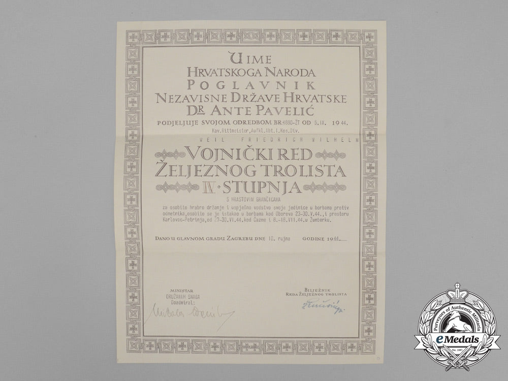 croatia,_state._a_military_order_of_trefoil_award_document_to_kav._riettmeister;_kosak_division_e_0185
