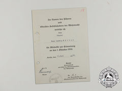 A Sudetenland Medal Award Dcoument To Colonel Hans Ludwig Müller