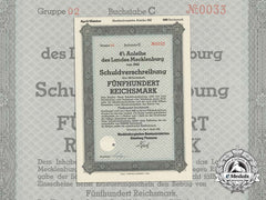 A Mint 1942 Mecklenburg State Debenture Bond In The Value Of 500 Reichsmark