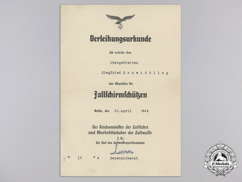 an_award_document_for_luftwaffe_paratrooper's_badge_e_356