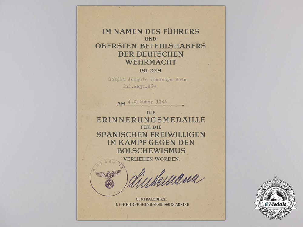 an_award_document_for_commemorative_medal_of_spanish_blue_division_e_365
