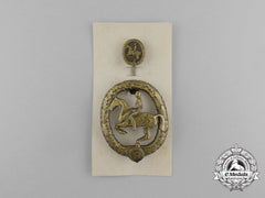 A Mint Second War German Bronze Grade Equestrian Badge And Stick Pin On Its Display Board